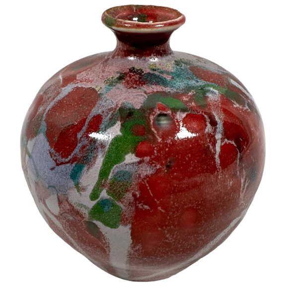 Vintage Cooper Mays NC Bud Vase Red Art Pottery Abstract Stoneware 4” Glaze - Picture 3 of 9